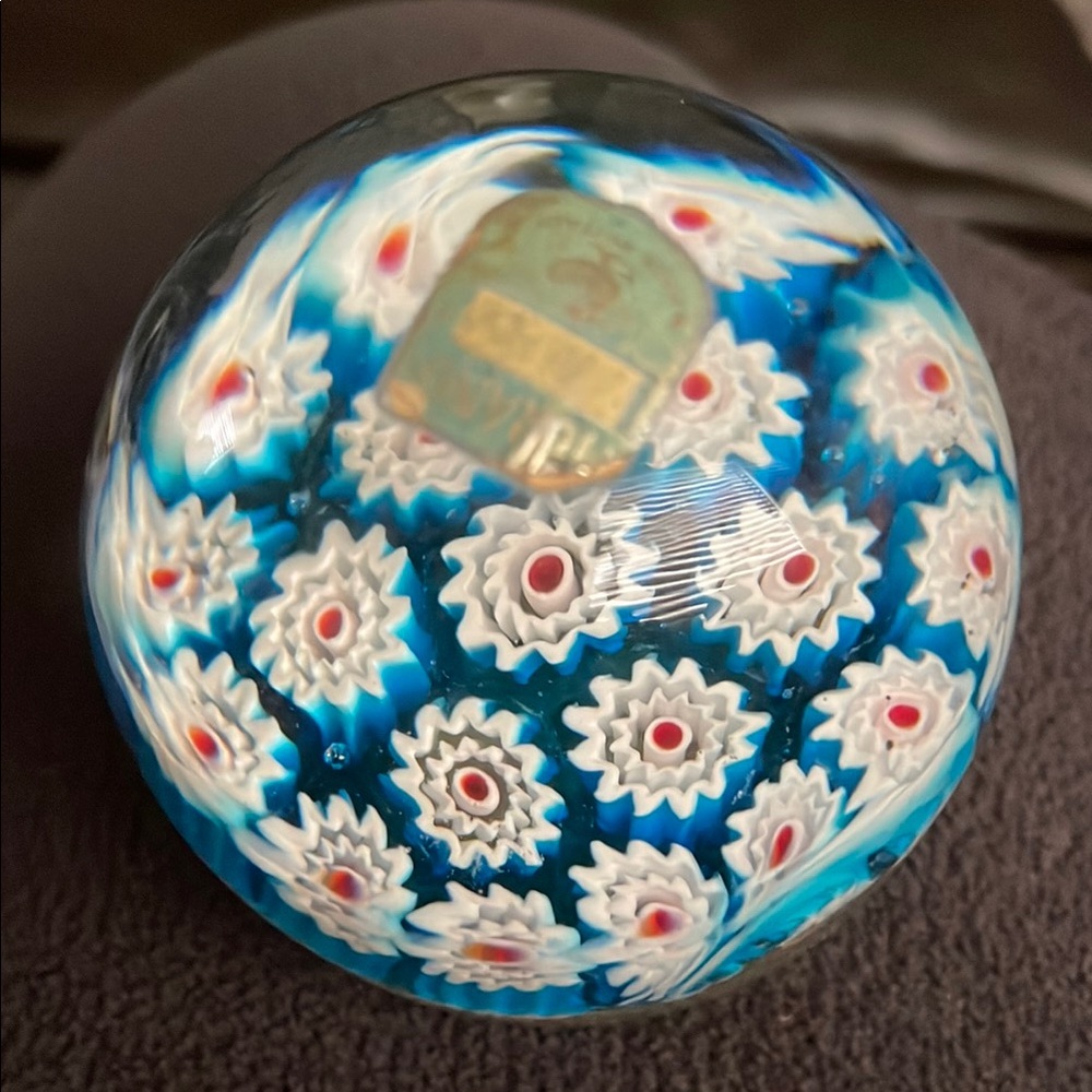 Murano Blue and White Glass Art Floral paperweight